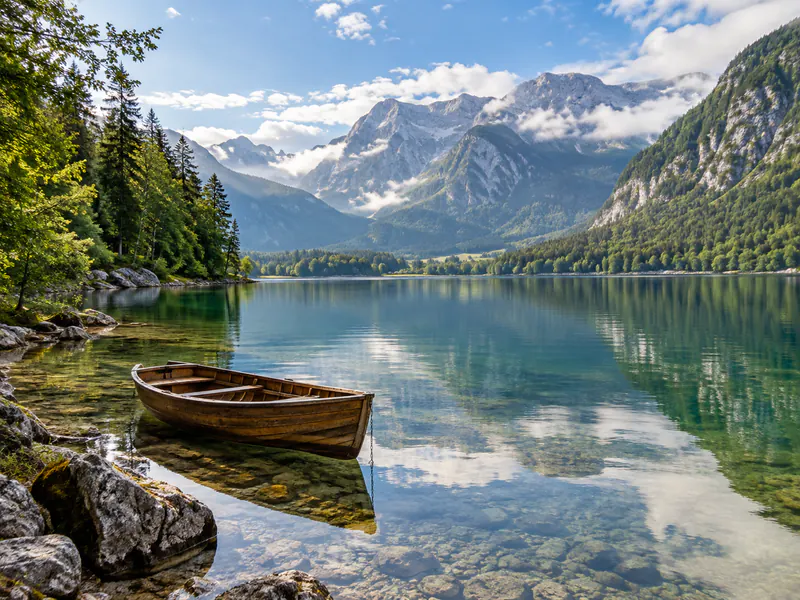 Barque sur le lac de Bohinj devant les Alpes juliennes en Slovénie