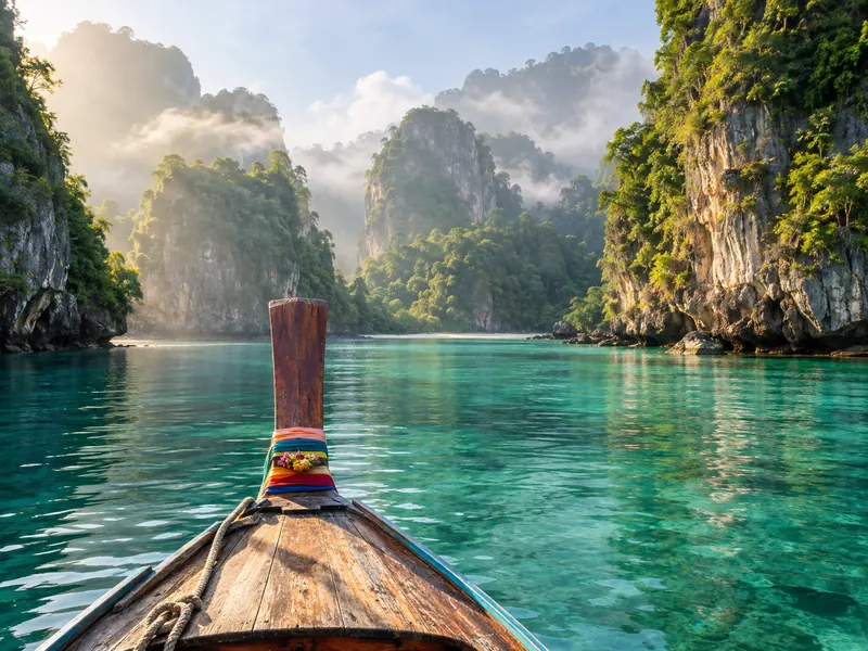 Bateau traditionnel devant les reliefs karstiques du sud de la Thaïlande