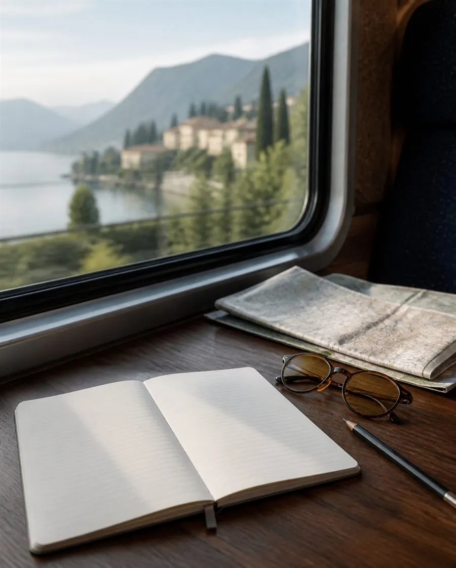 Carnet et carte pour préparer un itinéraire de voyage en train
