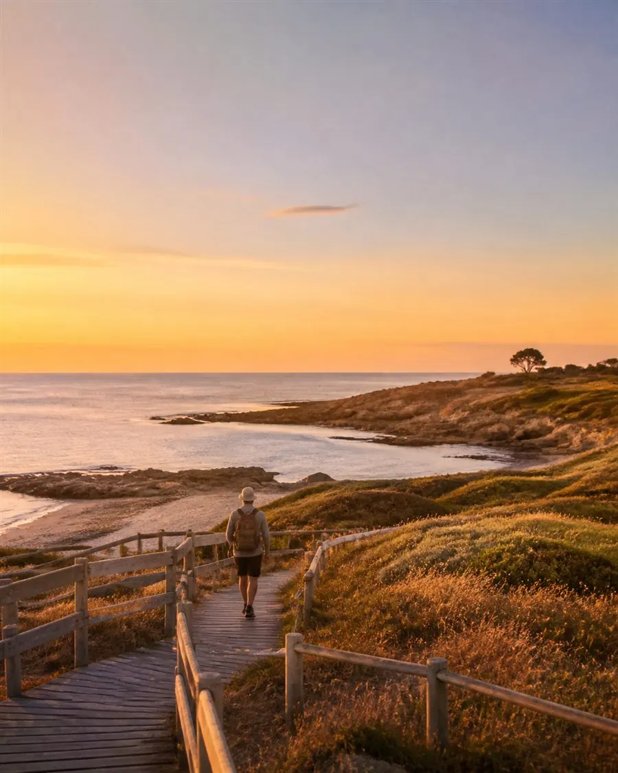 Promeneur sur un sentier aménagé en bord de mer, au cœur d’un espace naturel