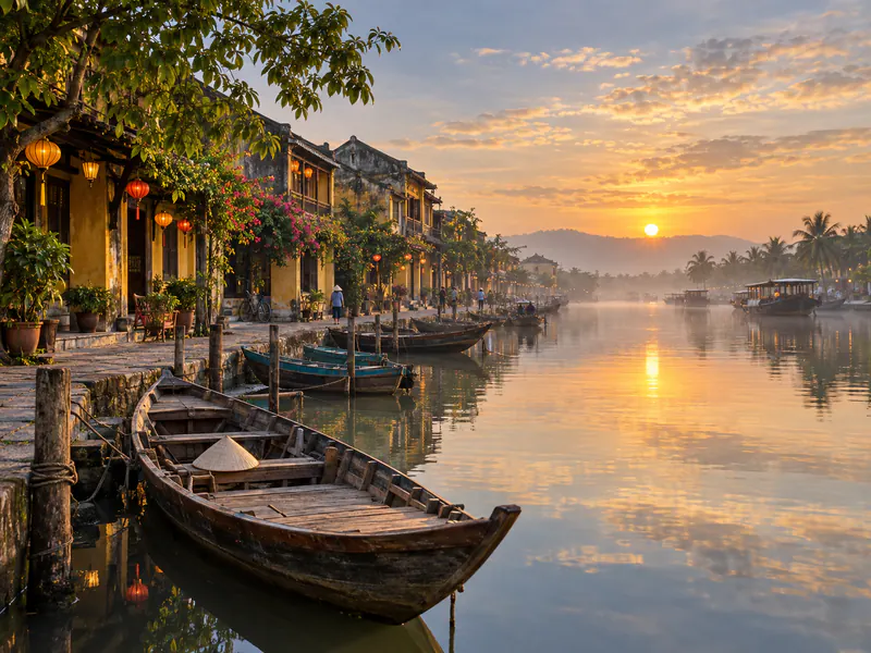 Rivière et maisons historiques de Hội An au lever du jour au Vietnam